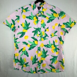 J.Crew Mens Flex Washed Pink Lemon Print Short Sleeve Button Down Shirt Large